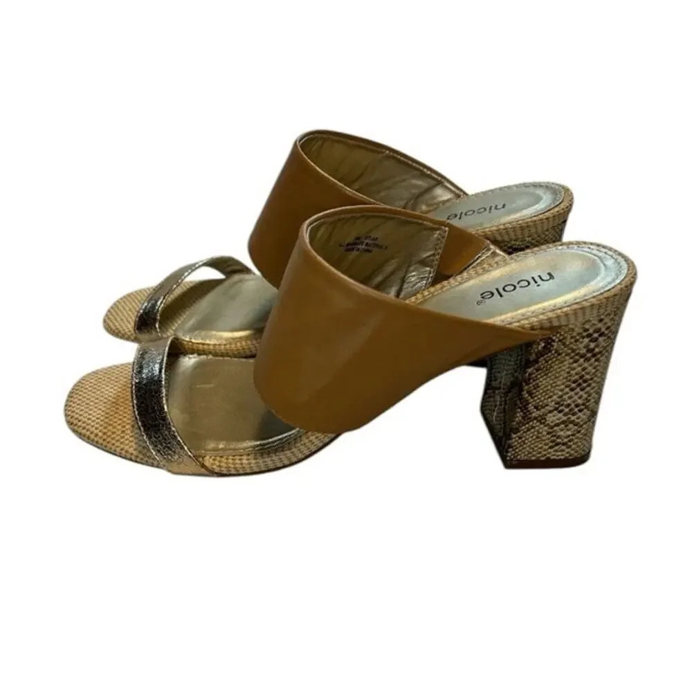 Nicole Briar snakeskin block heel sandal, Brown & Metallic Gold, 10m NWOB - Picture 5 of 13